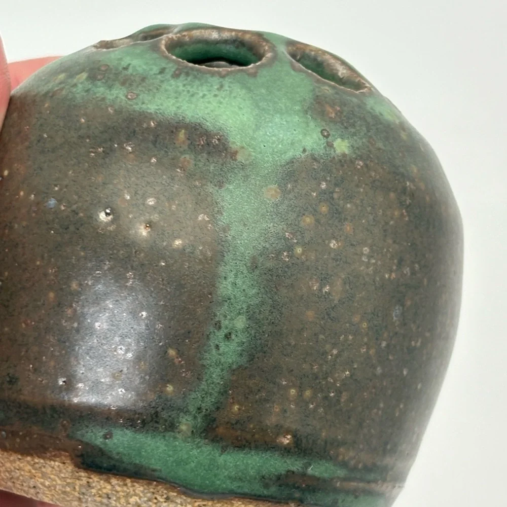 Vintage Signed Handcrafted Pottery Green and Brown Glaze Flower Frog/Vase